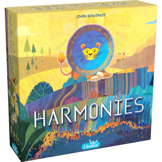 Colorful board game box for "Harmonies" featuring a lion character and vibrant landscape illustrations.