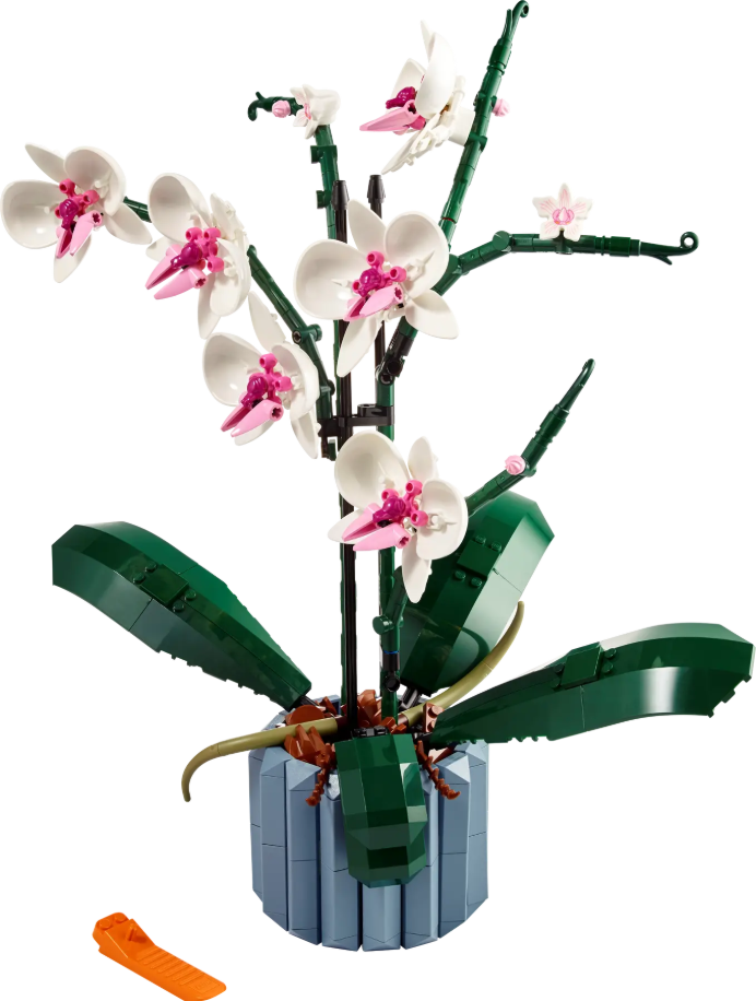 LEGO Orchid (10311) features a detailed orchid plant with white flowers, green leaves, and a decorative pot.