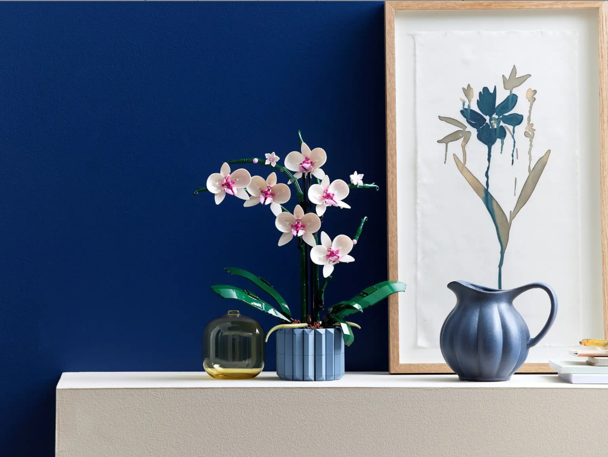 LEGO Orchid (10311) displayed in a modern setting with a blue wall, framed artwork, and decorative vase.