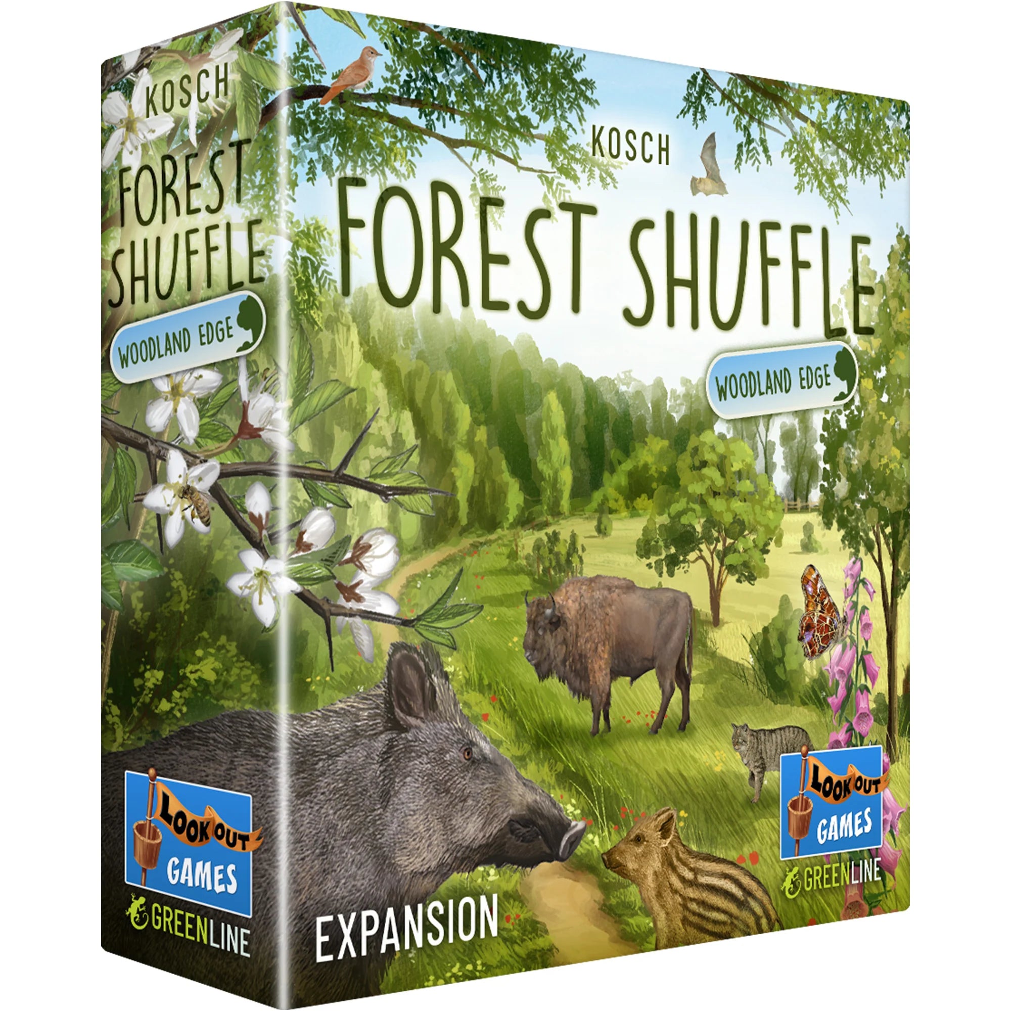 Forest Shuffle Woodland Edge Expansion box featuring wildlife illustrations like a boar and deer among trees and flowers.