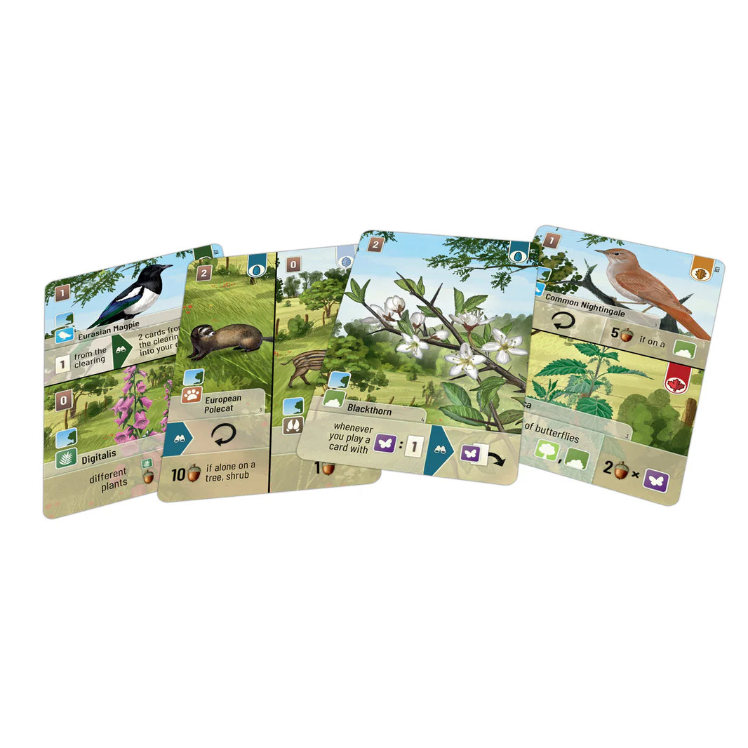 Four game cards from the Forest Shuffle Woodland Edge Expansion featuring plants and animals with illustrated backgrounds.