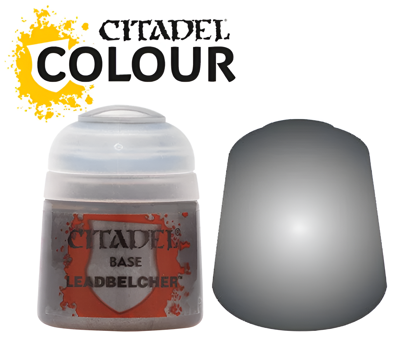 Citadel Base Paint Leadbelcher in a 12ml container, featuring a metallic silver color ideal for miniatures and models.