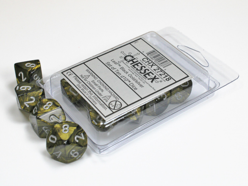Chessex Leaf Black-Gold/Silver 7-Die Set in a clear package, featuring dice with a black and gold marbled design.