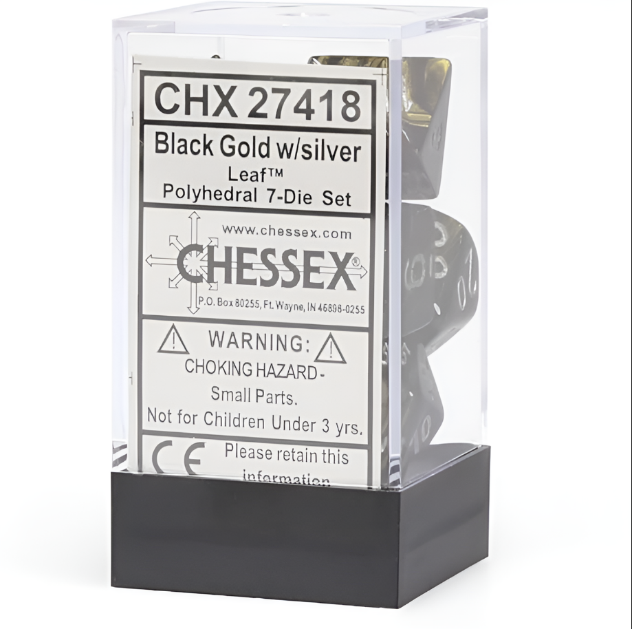 Chessex Leaf Black-Gold/Silver 7-Die Set in clear packaging, featuring a warning label and product details.