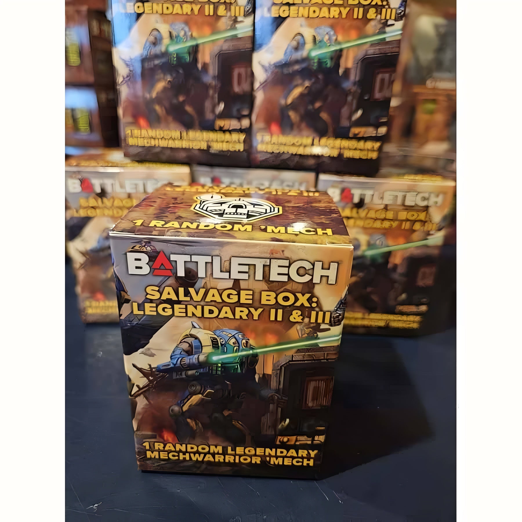 Battletech Salvage Box Mercenaries Legendary II and III display featuring nine collectible boxes for preorder.