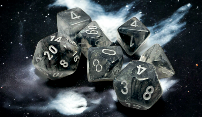 Chessex Borealis Light Smoke and Silver Luminary 7-die set featuring translucent dice with silver numbers on a cosmic background.