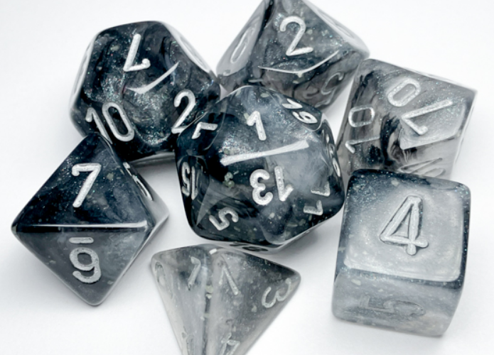 Chessex Borealis polyhedral 7-die set in light smoke and silver, featuring translucent dice with white numbers.