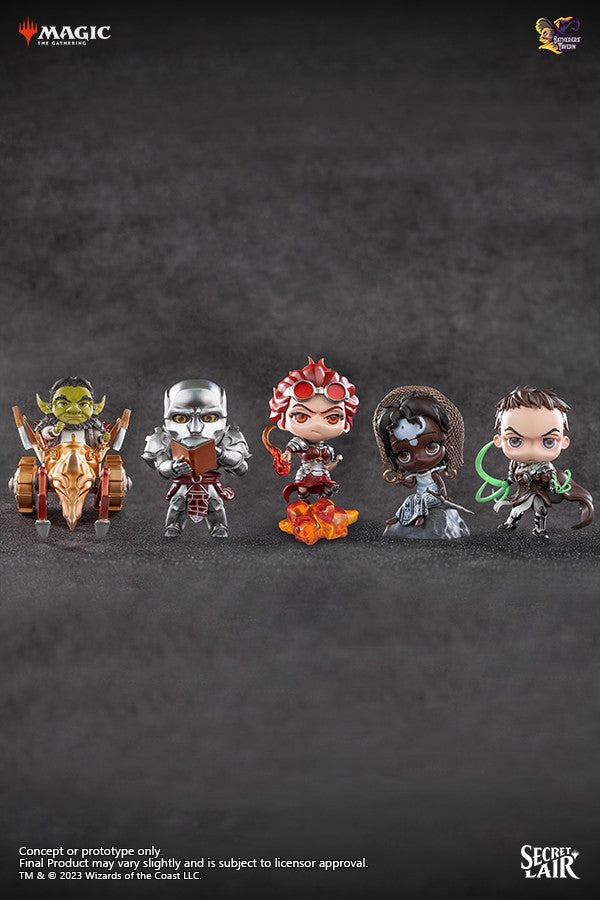 Five collectible miniatures from the Gatherers' Tavern Lil'Walkers Magic the Gathering set, featuring diverse characters.