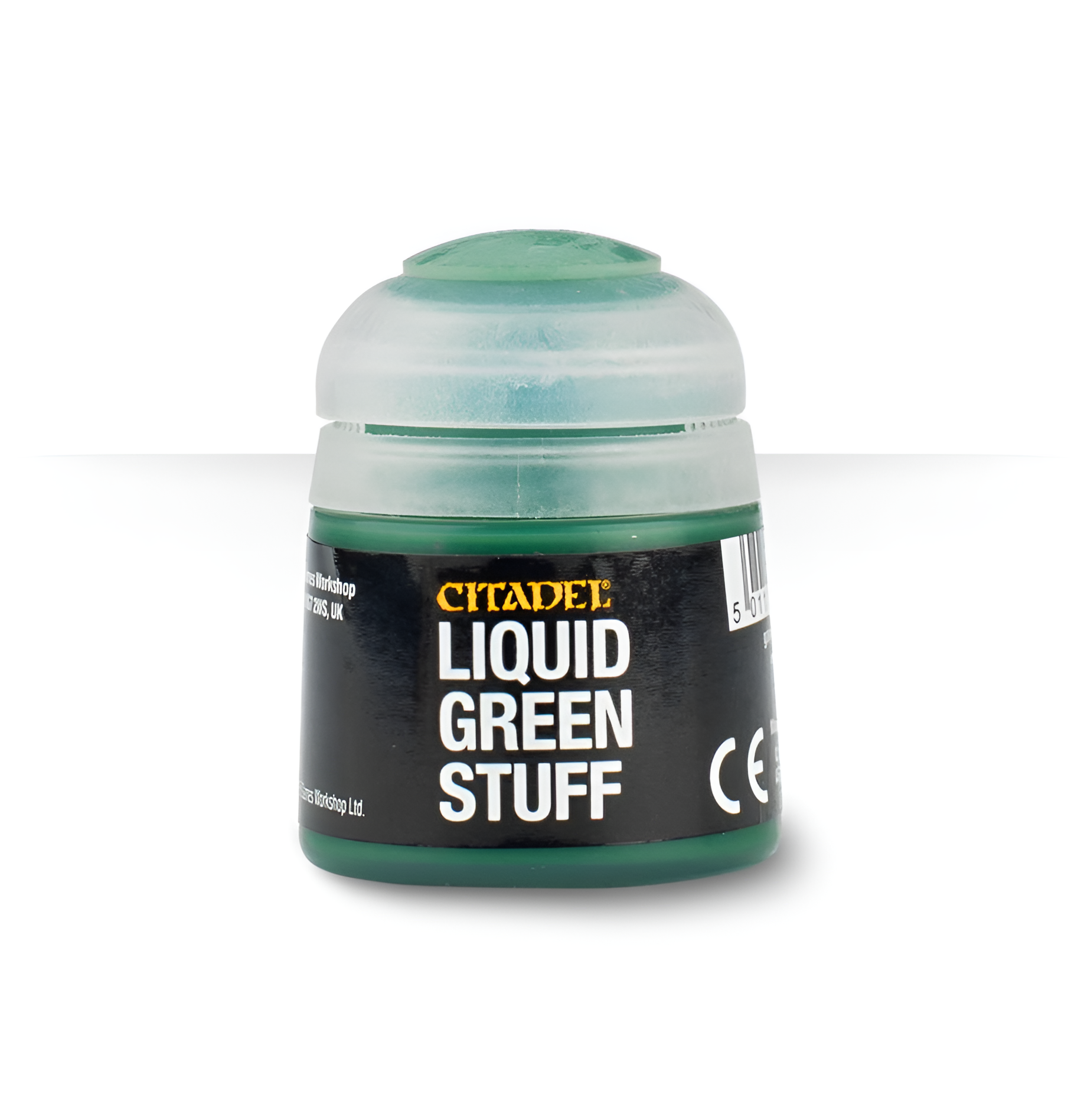 Citadel Liquid Green Stuff in a small pot, used for filling gaps and smoothing surfaces on miniatures.