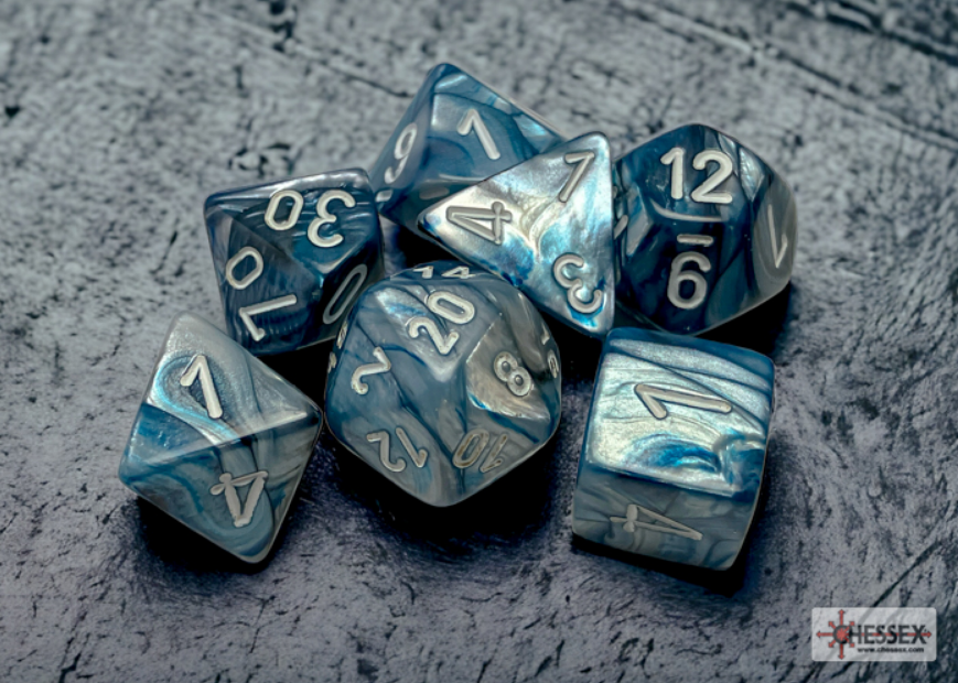 Chessex Lustrous Slate/White 7-die set featuring marbled blue and white dice with silver numbering on a textured background.