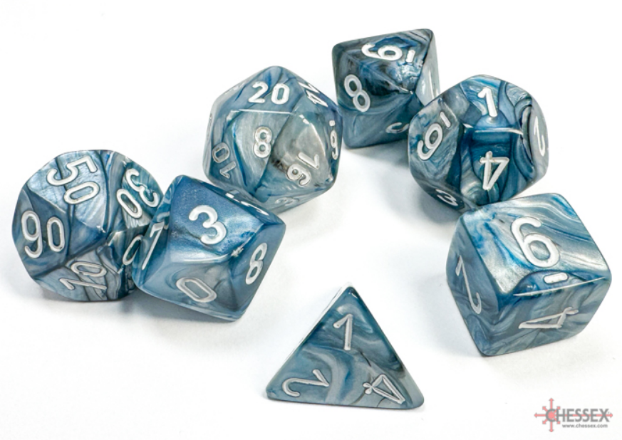 Lustrous slate and white 7-die set from Chessex, featuring various polyhedral dice with clear numbering.
