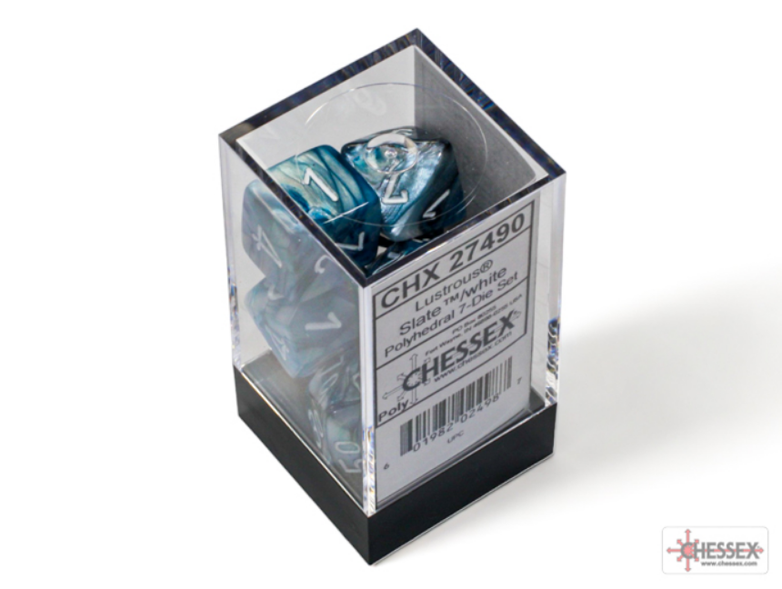 Chessex Lustrous Slate/White 7-die set displayed in a clear box, featuring shimmering blue and white dice with numbers.