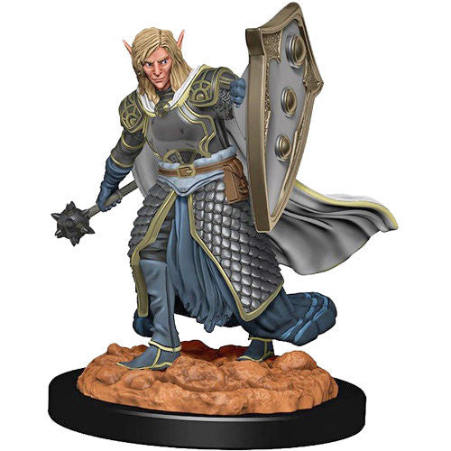 Premium Dungeons & Dragons Elf Male Cleric miniature, featuring detailed armor, shield, and weapon on a rocky base.