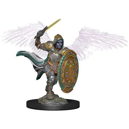 Aasimar male paladin miniature with wings, holding a sword and shield, dressed in ornate armor and a hooded cloak.