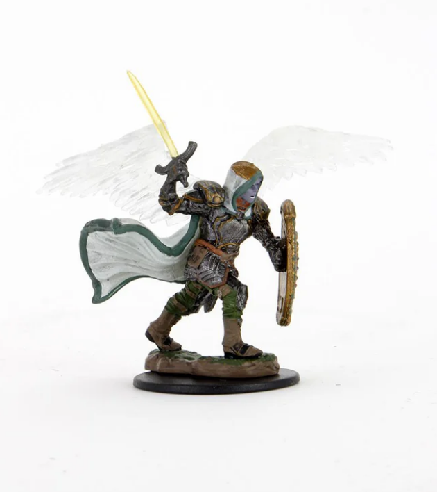 Aasimar male paladin miniature with wings, sword, and shield, dressed in armor and a flowing cape, ready for battle.