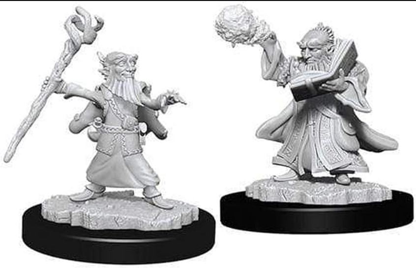 Unpainted miniatures of male gnome wizards, one casting a spell and the other holding a book, ideal for Dungeons & Dragons.