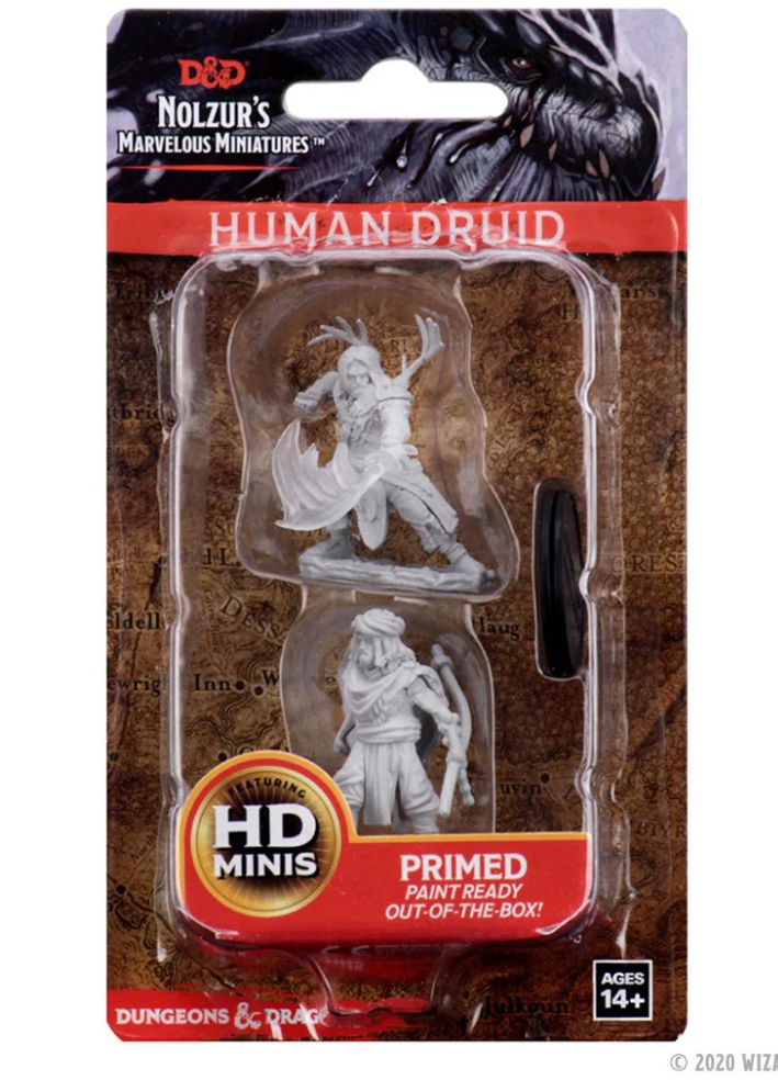 Unpainted miniature of a male human druid from Dungeons & Dragons, primed and ready for painting, displayed in packaging.