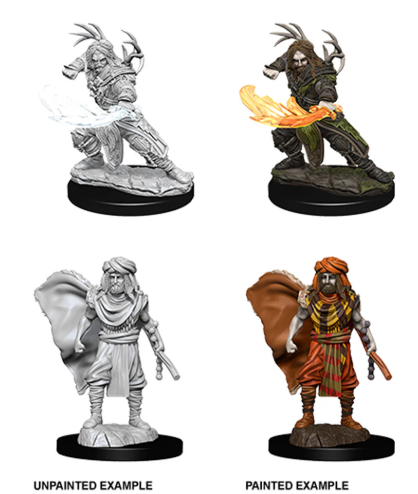 Unpainted and painted examples of a male human druid miniature for Dungeons & Dragons, showcasing detailed features and dynamic pose.