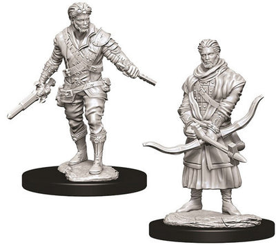 Unpainted miniatures of a male human rogue wielding a pistol and a crossbow, ideal for Dungeons & Dragons gameplay.