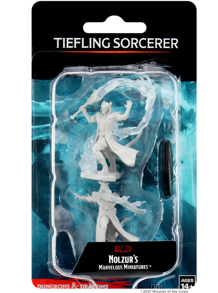 Unpainted miniature of a male Tiefling sorcerer from Dungeons & Dragons, featuring dynamic pose and magical effects.