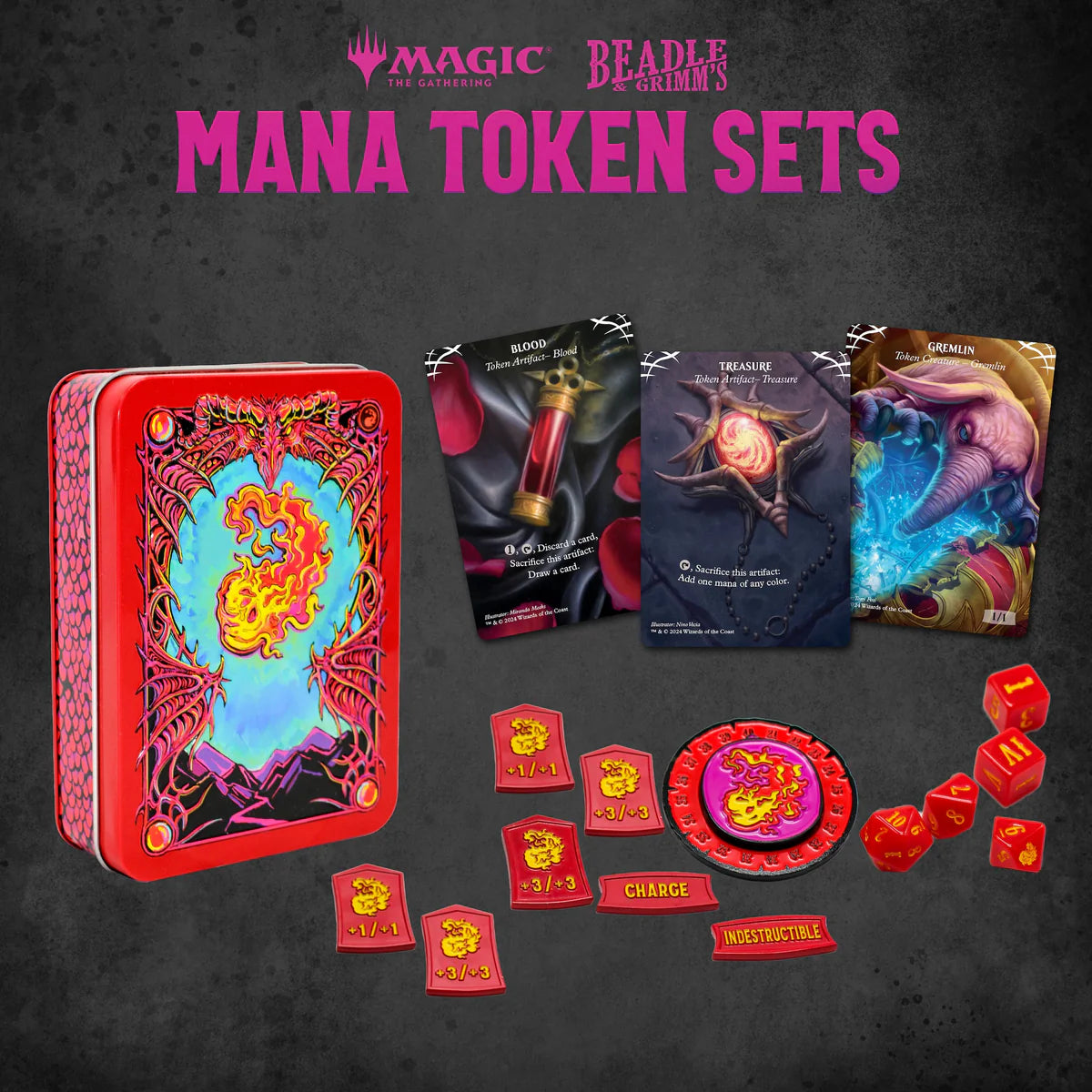 Beadle & Grimm's Magic: The Gathering Mana Token Collectors Set featuring tokens, dice, and themed cards in a decorative tin.