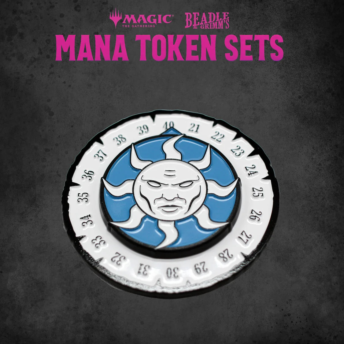 White Mana Token Set from Beadle & Grimm's for Magic: The Gathering, featuring a detailed sun emblem and numbered dial.