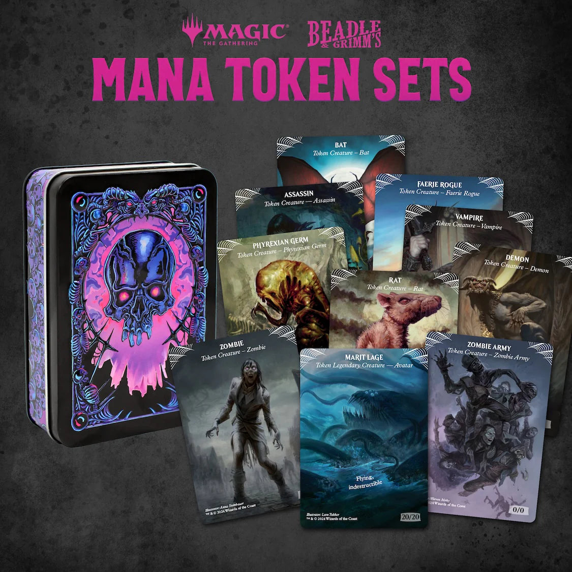 Black Mana Token Set from Beadle & Grimm's for Magic: The Gathering, featuring various illustrated tokens and a decorative tin.
