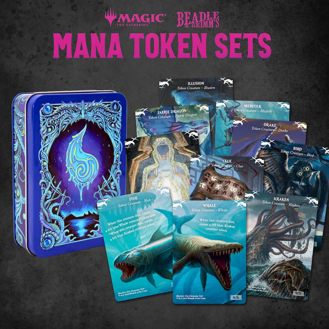 Blue Mana Token Set from Beadle & Grimm's for Magic: The Gathering, featuring various token cards and a decorative tin.