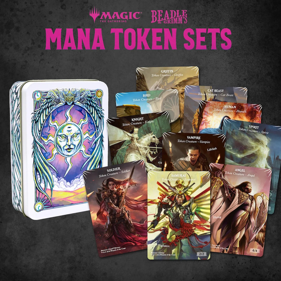 Beadle & Grimm's Magic: The Gathering White Mana Token Set featuring various character tokens and a decorative tin.