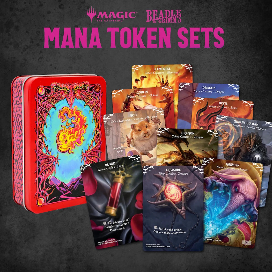 Red Mana Token Set from Beadle & Grimm's for Magic: The Gathering, featuring various tokens and a decorative tin.