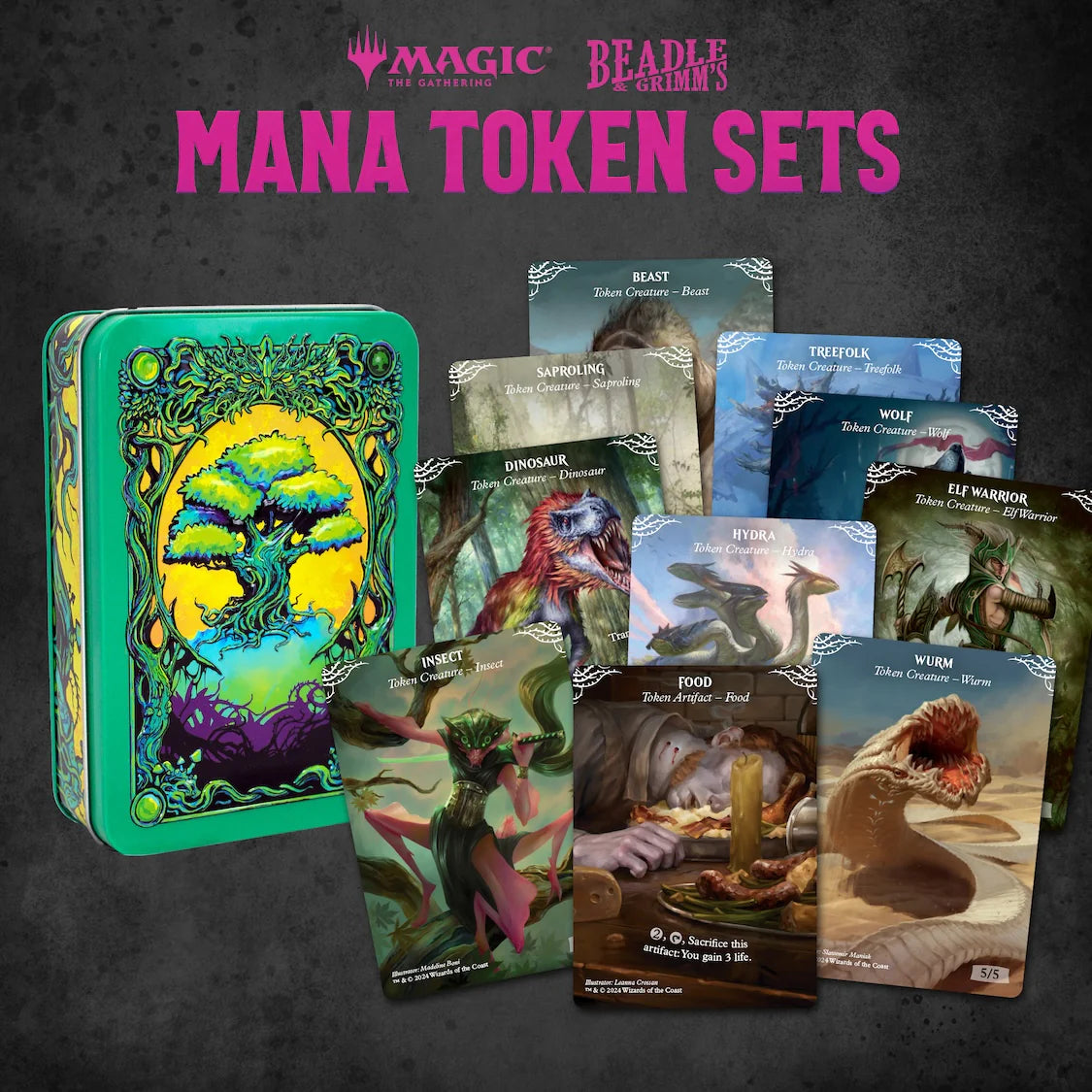 Beadle & Grimm's Green Mana Token Set for Magic: The Gathering featuring illustrated tokens and a decorative tin.