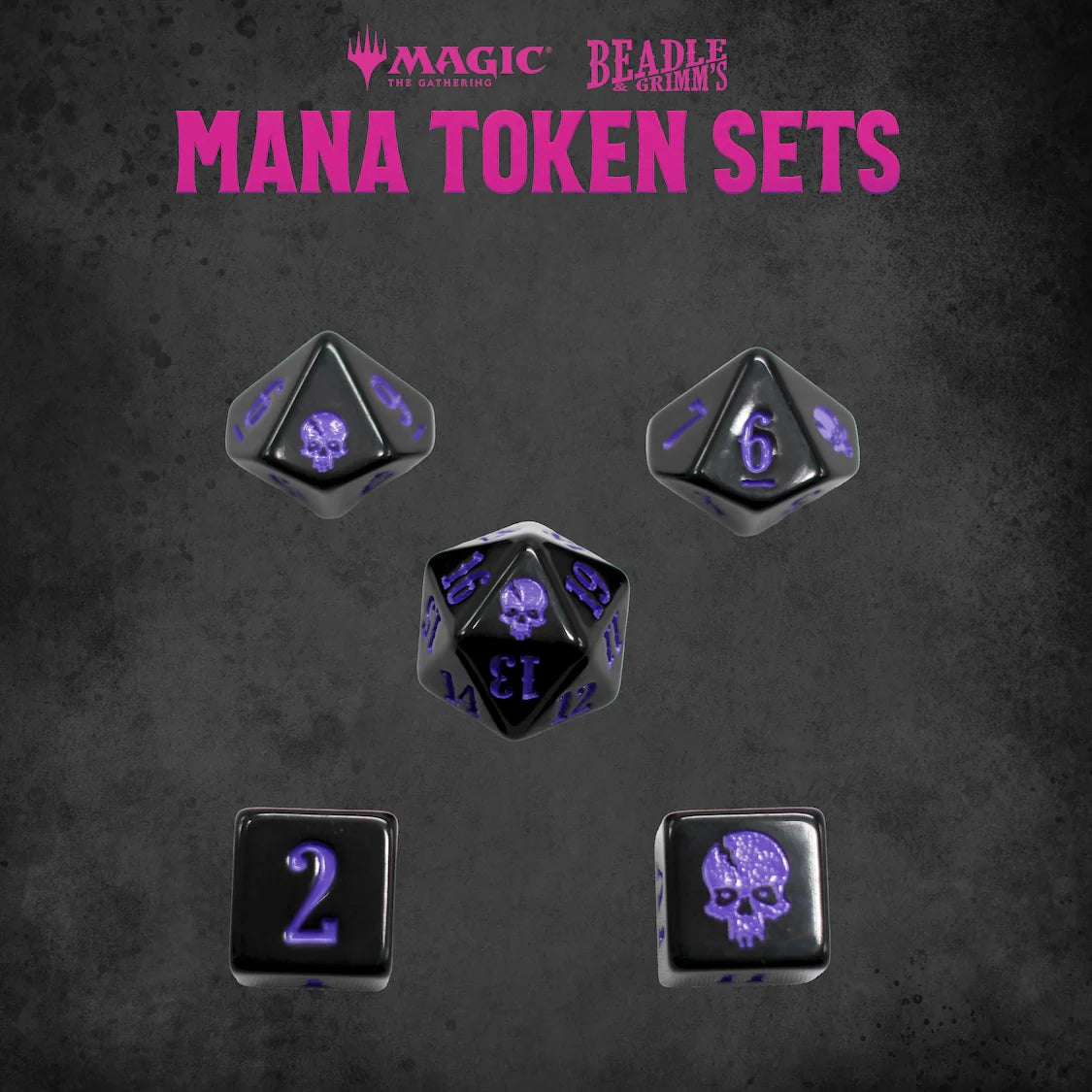 Black Mana Token Set featuring five custom dice with purple skull designs, ideal for Magic: The Gathering gameplay.