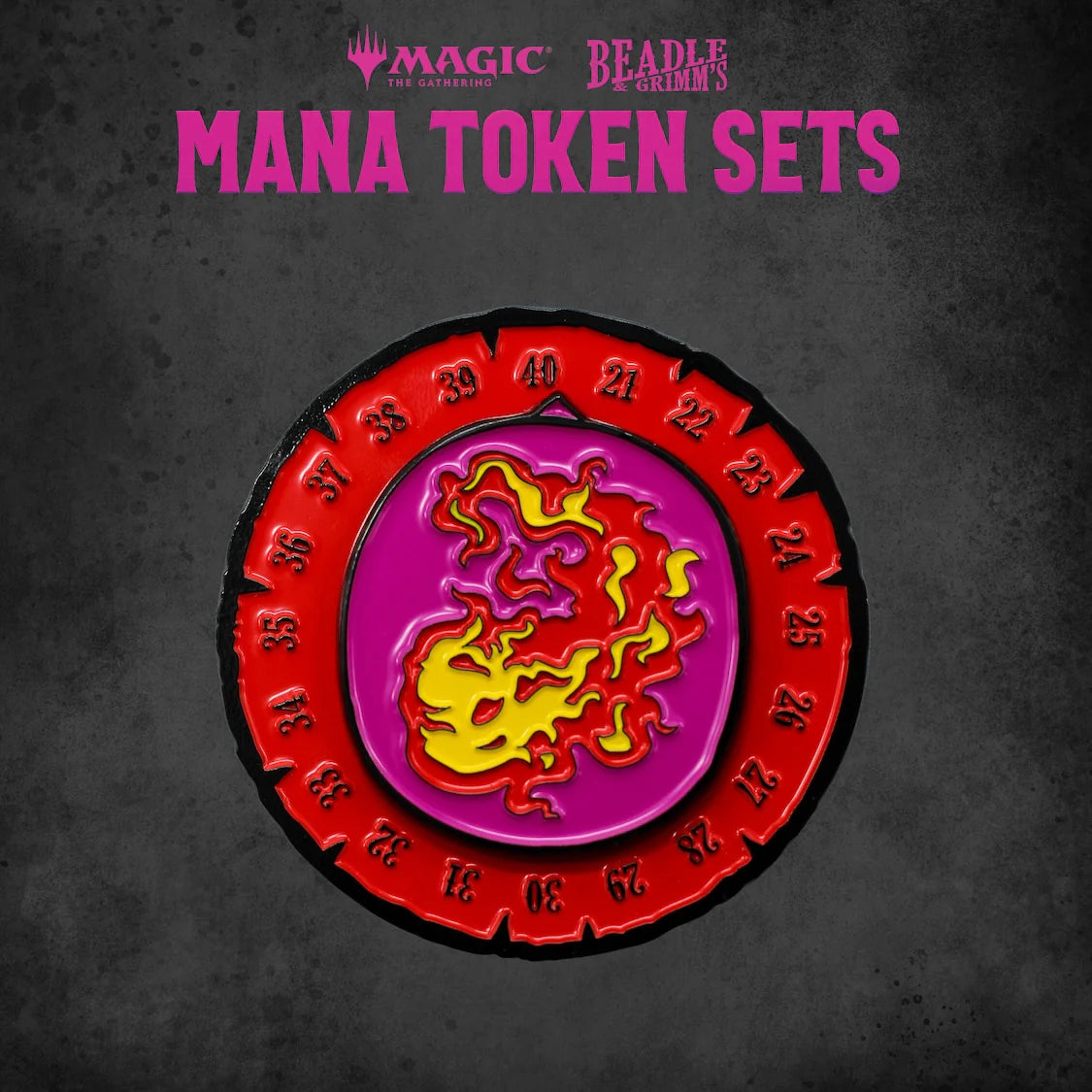 Red Mana Token Set from Beadle & Grimm's for Magic: The Gathering, featuring vibrant colors and a circular design.