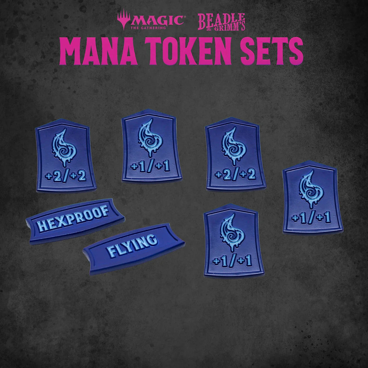 Blue Mana Token Set from Beadle & Grimm's for Magic: The Gathering, featuring various tokens with +2/+2, +1/+1, Hexproof, and Flying effects.