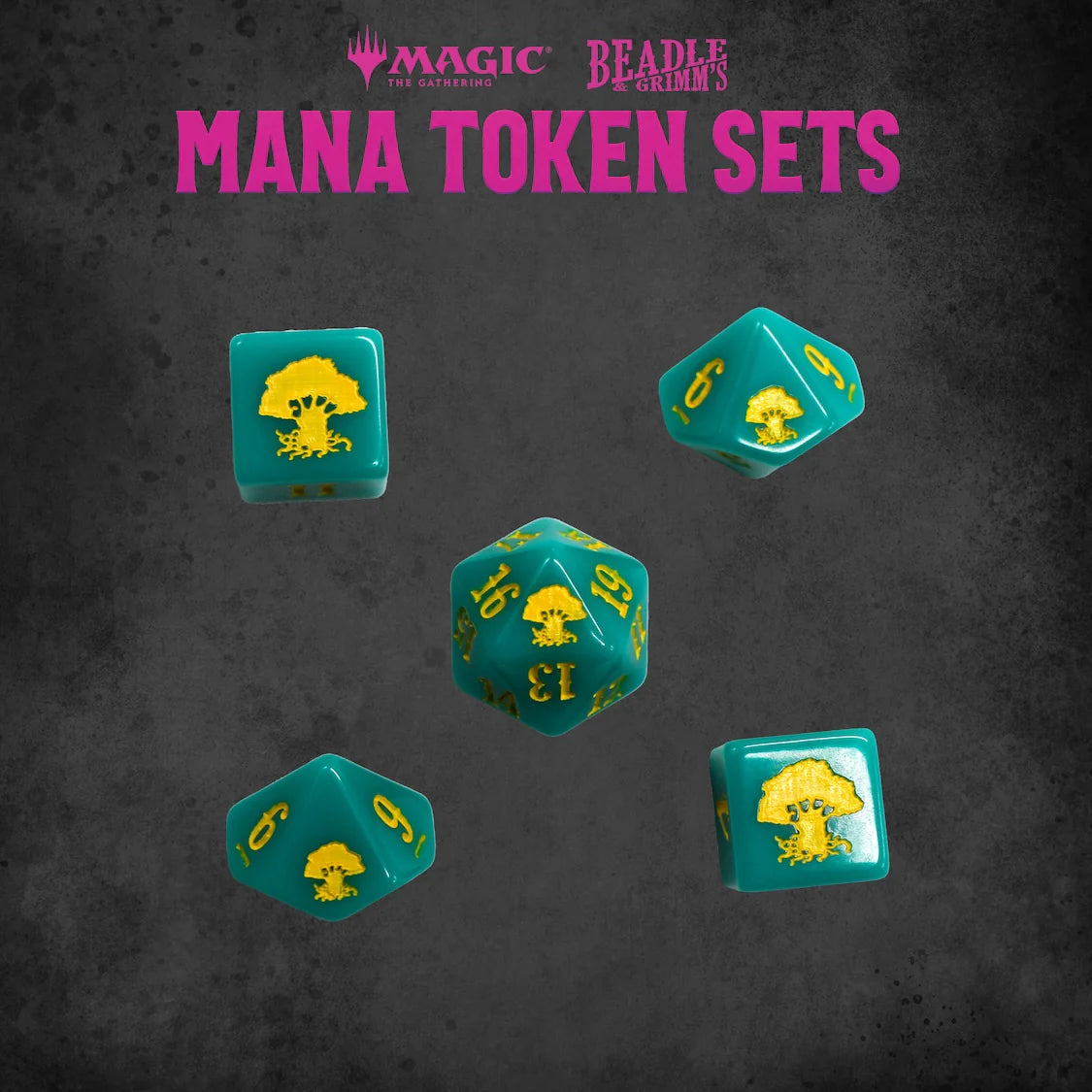 Green Mana Token Set from Beadle & Grimm's features five teal dice with yellow mushroom designs, ideal for Magic: The Gathering.