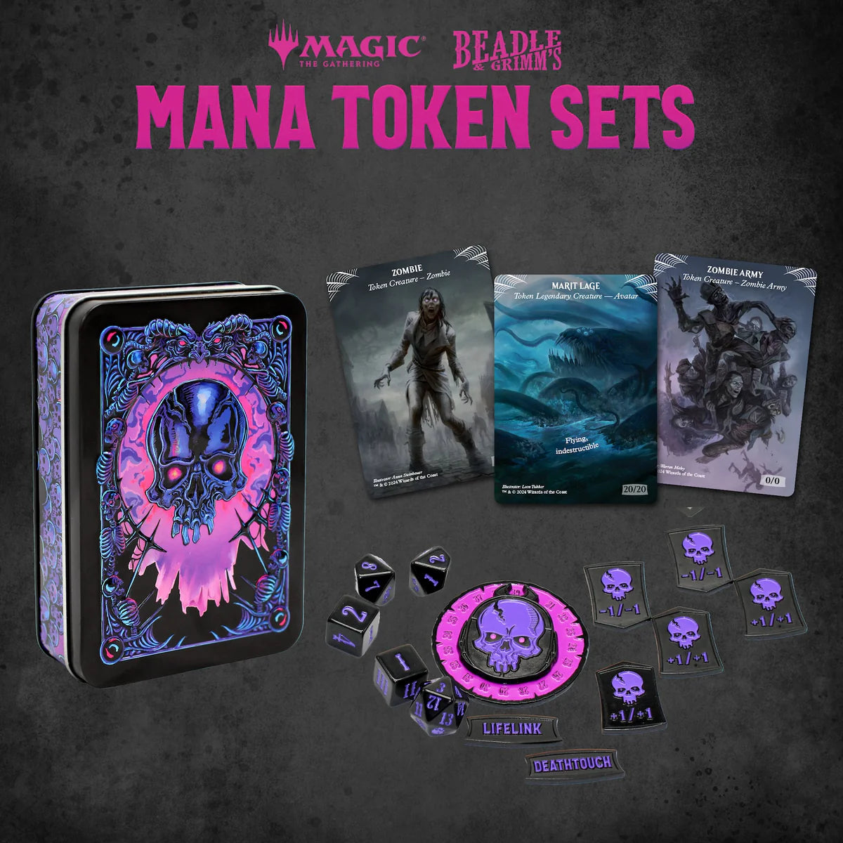 Black Mana Token Set from Beadle & Grimm's for Magic: The Gathering, featuring tokens, dice, and a decorative tin.