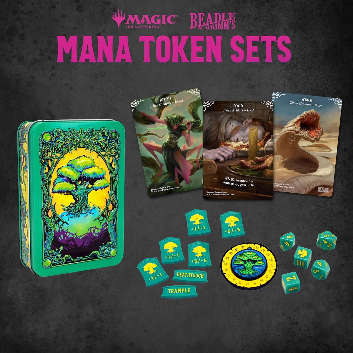 Green Mana Token Set from Beadle & Grimm's for Magic: The Gathering, featuring tokens, cards, and a decorative tin.
