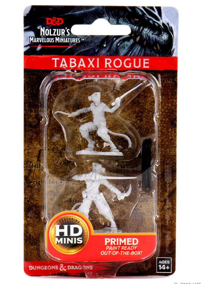Unpainted miniatures of a Tabaxi male rogue for Dungeons & Dragons, primed and ready for painting.