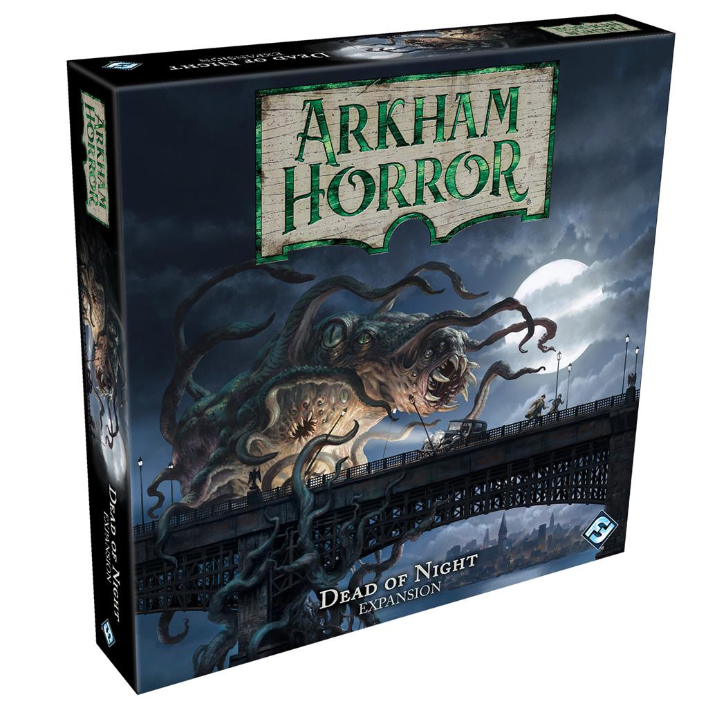 Arkham Horror 3E: The Dead of Night expansion box featuring a monstrous creature on a bridge under a full moon.