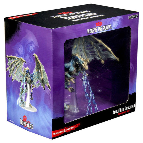Premium Boneyard Blue Dracolich figure from Dungeons & Dragons Icons of the Realms, displayed in a collectible box.