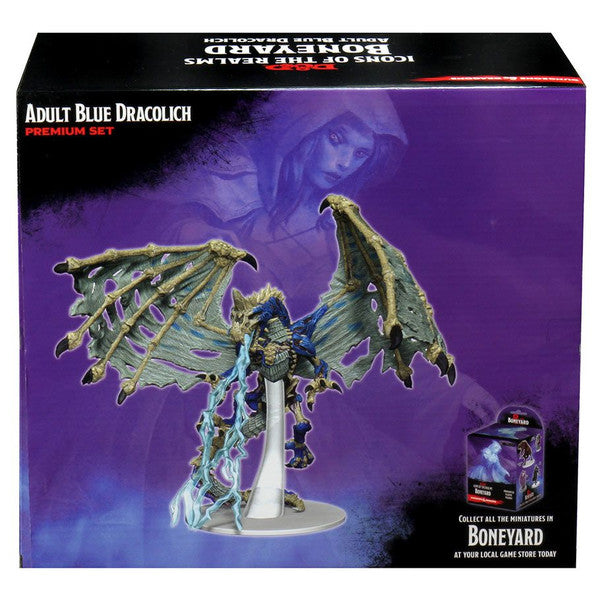 Premium Boneyard Blue Dracolich miniature from Dungeons & Dragons Icons of the Realms, featuring detailed wings and skeletal design.