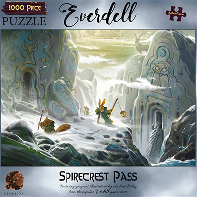 Everdell Spirecrest Pass puzzle box featuring a scenic illustration of woodland creatures in a mystical landscape.