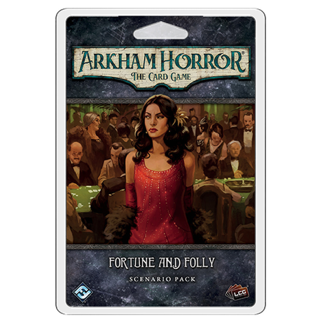 Arkham Horror LCG Fortune and Folly Scenario Pack featuring a woman in a red dress at a glamorous event.