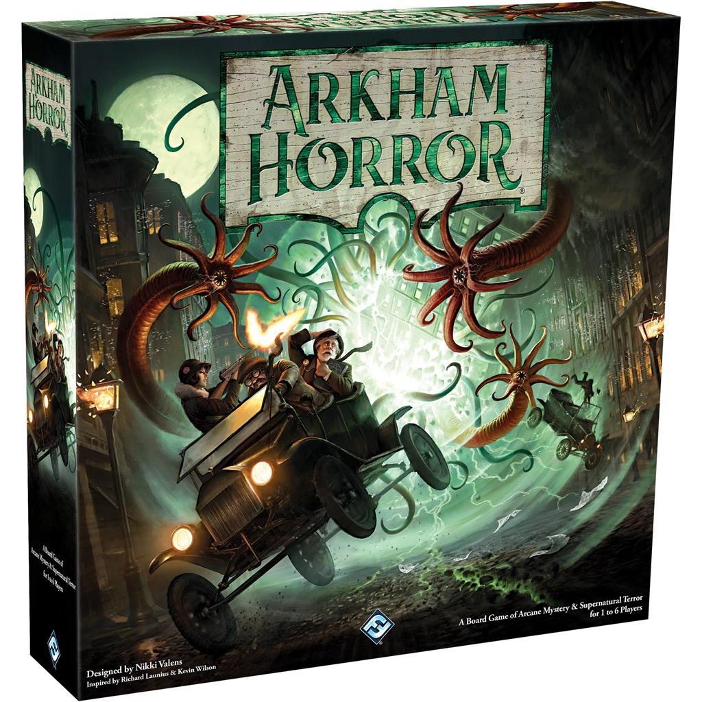 Arkham Horror Third Edition board game box featuring characters in a car facing a supernatural creature in a dark city.