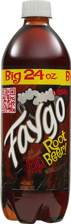 24-ounce bottle of Faygo Root Beer featuring a classic design and bold red label, highlighting its old-fashioned flavor.