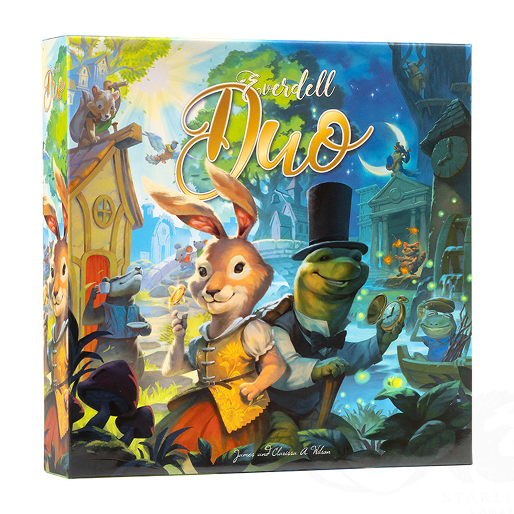 Colorful box art for Everdell Duo board game featuring a rabbit and a frog in a whimsical forest setting.