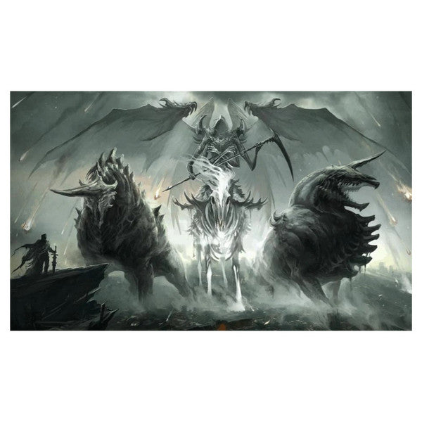 Dark fantasy playmat featuring a skeletal figure with wings and a scythe, flanked by two monstrous creatures.