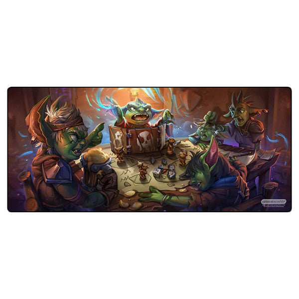Colorful desk mat featuring goblins gathered around a table, playing games and enjoying drinks in a lively setting.