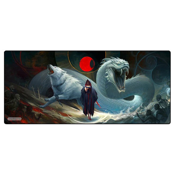 Desk mat featuring a dramatic scene with a cloaked figure, a wolf, and a dragon against a dark, mystical background.