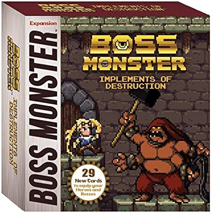 Box for Boss Monster: Implements of Destruction expansion featuring pixel art characters and text highlighting new cards.